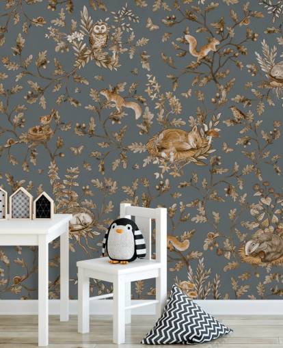 peinture murale bleue et marron pour chambre d'enfant appelée Playful Woods - Vintage Blue de Kikki Belle