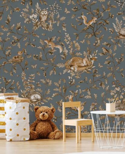 blue and brown nursery wall mural called Playful Woods - Vintage Blue by Kikki Belle
