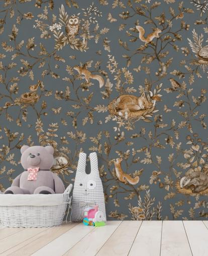 blauwe en bruine muurschildering voor de kinderkamer genaamd Playful Woods - Vintage Blue van Kikki Belle