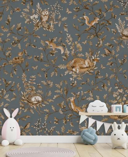 blå og brun børnehave vægmaleri kaldet Playful Woods - Vintage Blue af Kikki Belle