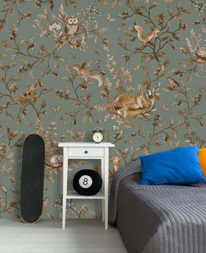 mural de sala de jogos personalizado em verde e marrom chamado Playful Woods - Vintage Green de Kikki Belle