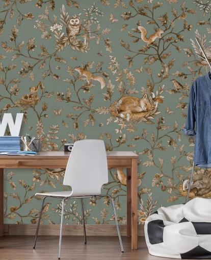 mural de sala de juegos personalizado verde y marrón llamado Playful Woods - Vintage Green de Kikki Belle