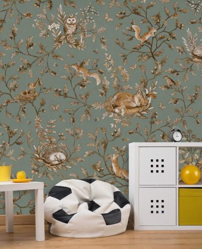 grønt og brunt brugerdefineret legerumsmaleri kaldet Playful Woods - Vintage Green af Kikki Belle grønt og brunt brugerdefineret legerumsmaleri kaldet Playful Woods - Vintage Green af Kikki Belle