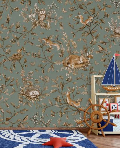 grønt og brunt tilpasset lekeromveggmaleri kalt Playful Woods - Vintage Green av Kikki Belle