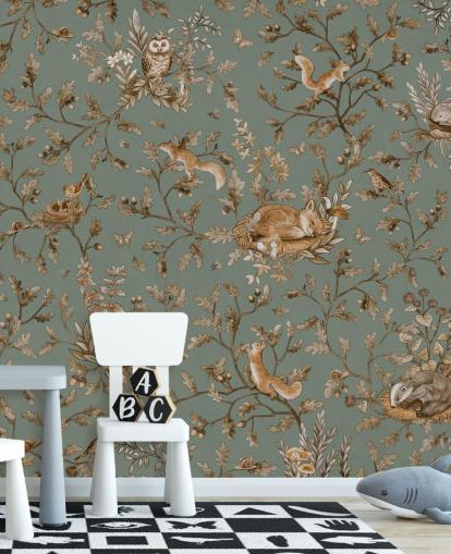 green and brown custom playroom mural called Playful Woods - Vintage Green by Kikki Belle