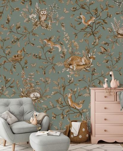 grön och brun anpassad lekrumsväggmålning som heter Playful Woods - Vintage Green av Kikki Belle