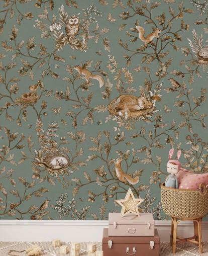 grön och brun anpassad lekrumsväggmålning som heter Playful Woods - Vintage Green av Kikki Belle