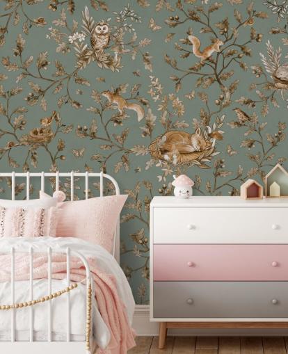 Grünes und braunes maßgefertigtes Spielzimmer-Wandbild namens Playful Woods - Vintage Green von Kikki Belle