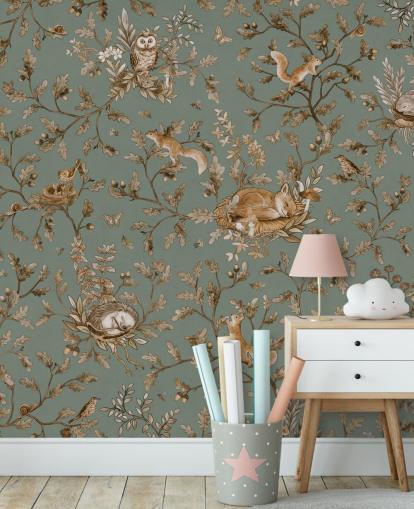 green and brown custom playroom mural called Playful Woods - Vintage Green by Kikki Belle