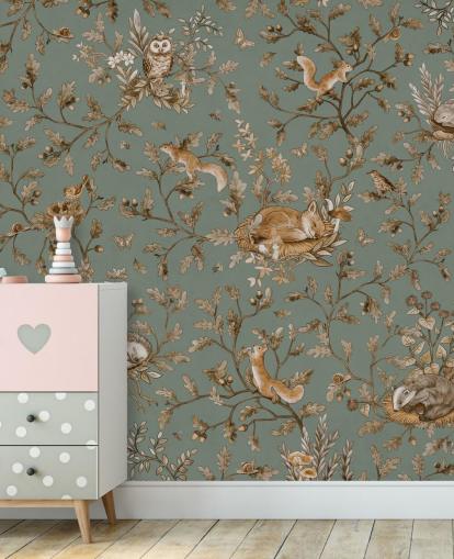 vihreä ja ruskea mukautettu leikkihuoneen seinämaalaus nimeltä Playful Woods - Vintage Green, kirjoittanut Kikki Belle