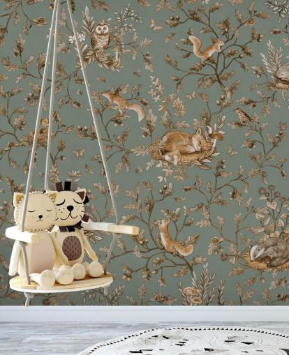 groene en bruine op maat gemaakte speelkamermuurschildering genaamd Playful Woods - Vintage Green van Kikki Belle