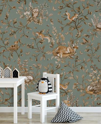 vihreä ja ruskea mukautettu leikkihuoneen seinämaalaus nimeltä Playful Woods - Vintage Green, kirjoittanut Kikki Belle