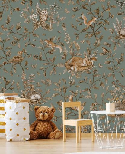 green and brown custom playroom mural called Playful Woods - Vintage Green by Kikki Belle