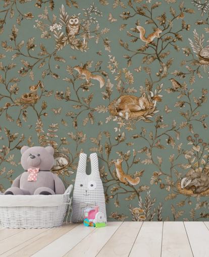 green and brown custom playroom mural called Playful Woods - Vintage Green by Kikki Belle