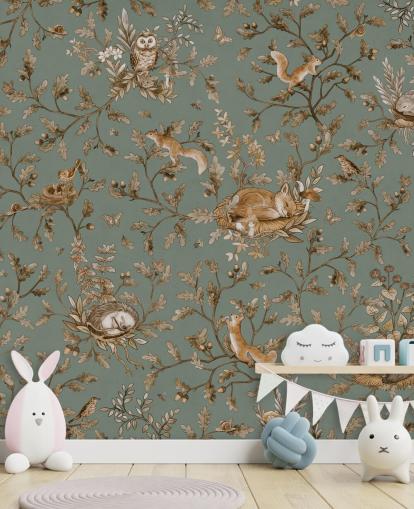 green and brown custom playroom mural called Playful Woods - Vintage Green by Kikki Belle