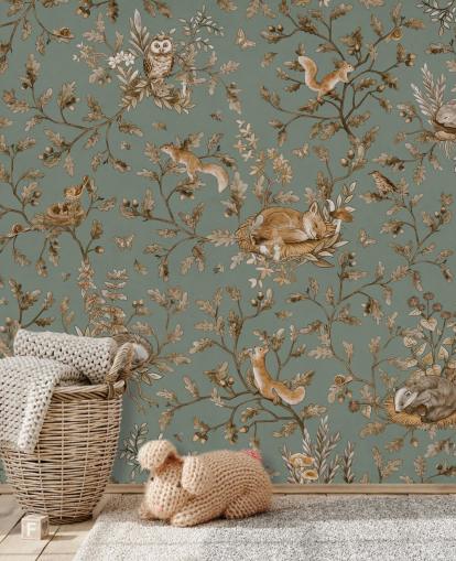 groene en bruine op maat gemaakte speelkamermuurschildering genaamd Playful Woods - Vintage Green van Kikki Belle groene en bruine op maat gemaakte speelkamermuurschildering genaamd Playful Woods - Vintage Green van Kikki Belle