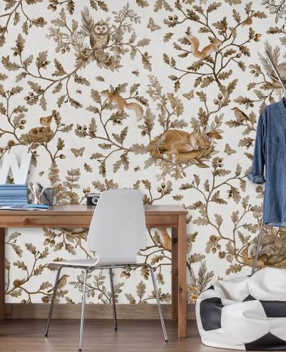 valkoinen ja ruskea mukautettu vintage-lasten seinämaalaus nimeltä Playful Woods - Vintage White, kirjoittanut Kikki Belle