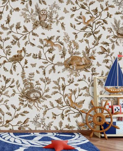 murale per bambini vintage personalizzato bianco e marrone chiamato Playful Woods - Vintage White di Kikki Belle