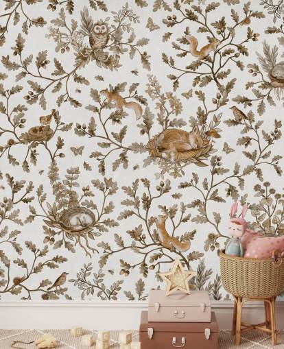 weißes und braunes individuelles Vintage-Wandbild für Kinder namens Playful Woods - Vintage White von Kikki Belle