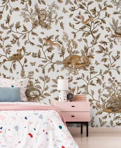 white and brown custom vintage kids wall mural called Playful Woods - Vintage White by Kikki Belle white and brown custom vintage kids wall mural called Playful Woods - Vintage White by Kikki Belle