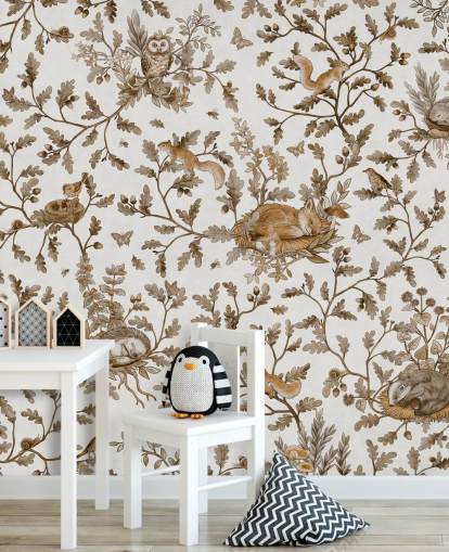 vit och brun anpassad vintage barnväggmålning som heter Playful Woods - Vintage White av Kikki Belle