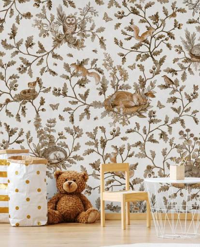 peinture murale vintage personnalisée pour enfants blanche et marron appelée Playful Woods - Vintage White par Kikki Belle peinture murale vintage personnalisée pour enfants blanche et marron appelée Playful Woods - Vintage White par Kikki Belle