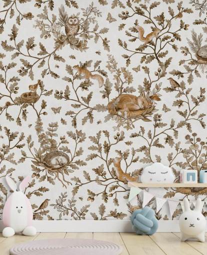 hvitt og brunt tilpasset vintage barneveggmaleri kalt Playful Woods - Vintage White av Kikki Belle hvitt og brunt tilpasset vintage barneveggmaleri kalt Playful Woods - Vintage White av Kikki Belle