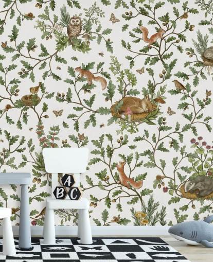 white and green customisable animal mural called Playful Woods - White by Kikki Belle white and green customisable animal mural called Playful Woods - White by Kikki Belle