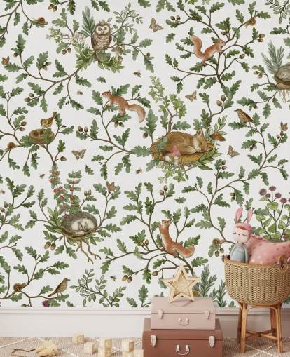 white and green customisable animal mural called Playful Woods - White by Kikki Belle