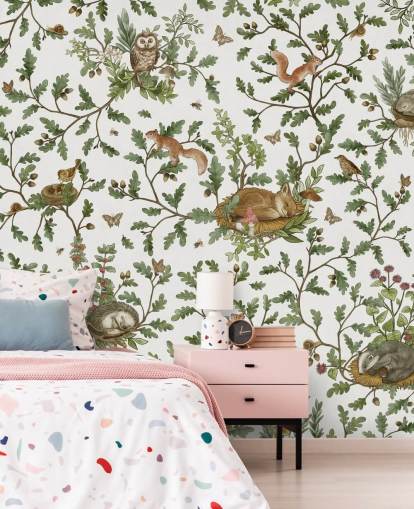 white and green customisable animal mural called Playful Woods - White by Kikki Belle