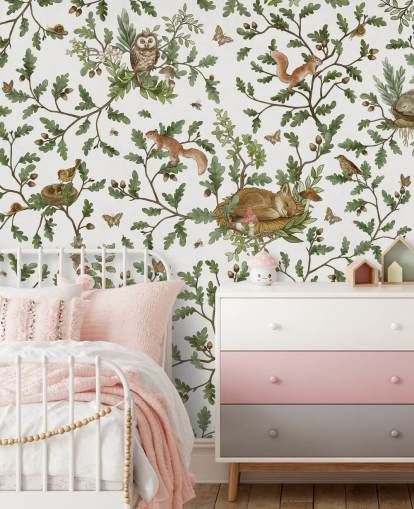 white and green customisable animal mural called Playful Woods - White by Kikki Belle