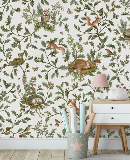 white and green customisable animal mural called Playful Woods - White by Kikki Belle