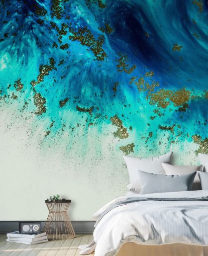 blaues personalisierbares abstraktes Wandbild namens Above the Shallows von Petra Meikle de Vlas