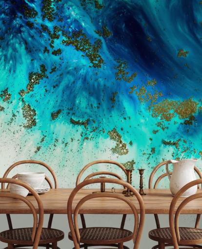 blaues personalisierbares abstraktes Wandbild namens Above the Shallows von Petra Meikle de Vlas