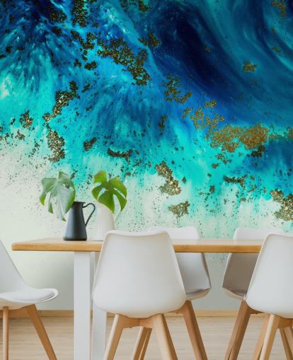 blå tilpassbar abstrakt veggmaleri kalt Above the Shallows av Petra Meikle de Vlas