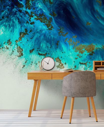 blaues personalisierbares abstraktes Wandbild namens Above the Shallows von Petra Meikle de Vlas