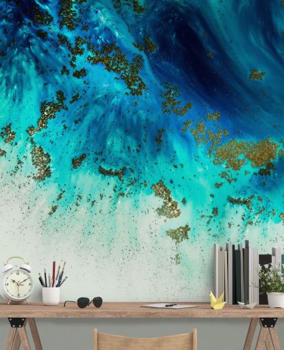 blue customisable abstract wall mural called Above the Shallows by Petra Meikle de Vlas