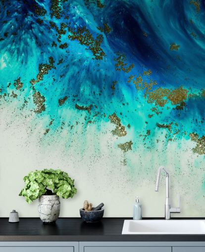 mural de pared abstracto personalizable azul llamado Above the Shallows de Petra Meikle de Vlas