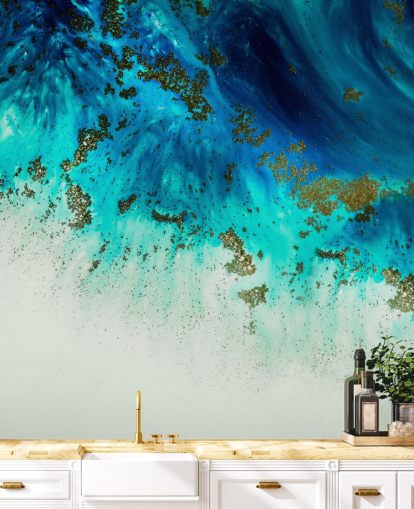 blaues personalisierbares abstraktes Wandbild namens Above the Shallows von Petra Meikle de Vlas