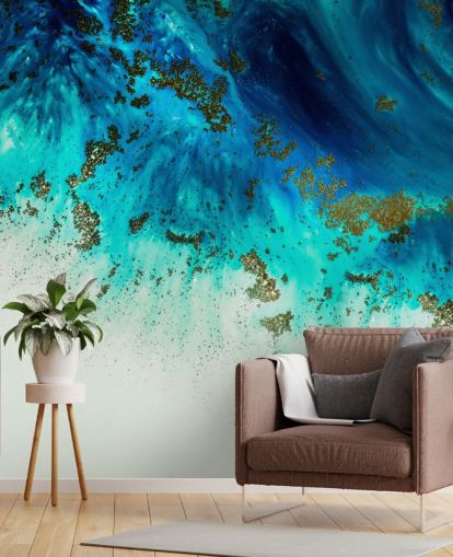 blaues personalisierbares abstraktes Wandbild namens Above the Shallows von Petra Meikle de Vlas