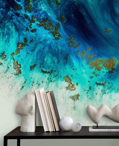 blaues personalisierbares abstraktes Wandbild namens Above the Shallows von Petra Meikle de Vlas