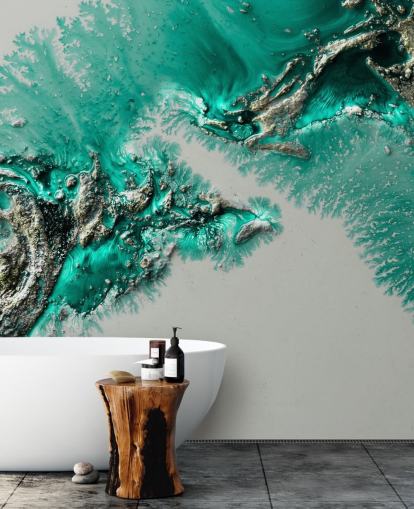 mural de pared verde azulado, dorado y gris llamado Admiral Connect de Petra Meikle de Vlas para dormitorios y baños