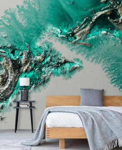 murale verde acqua, oro e grigio chiamato Admiral Connect di Petra Meikle de Vlas per camere da letto e bagni