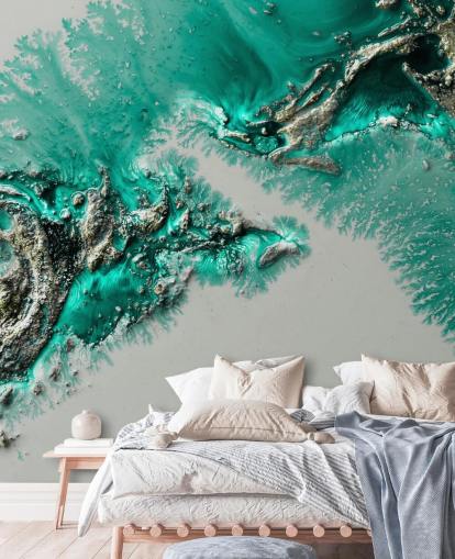 murale verde acqua, oro e grigio chiamato Admiral Connect di Petra Meikle de Vlas per camere da letto e bagni