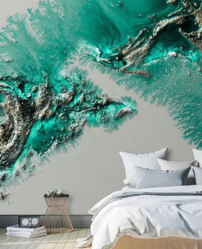 murale verde acqua, oro e grigio chiamato Admiral Connect di Petra Meikle de Vlas per camere da letto e bagni