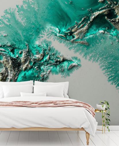 mural de pared verde azulado, dorado y gris llamado Admiral Connect de Petra Meikle de Vlas para dormitorios y baños