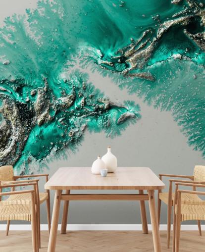 mural de pared verde azulado, dorado y gris llamado Admiral Connect de Petra Meikle de Vlas para dormitorios y baños