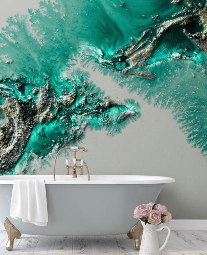 murale verde acqua, oro e grigio chiamato Admiral Connect di Petra Meikle de Vlas per camere da letto e bagni