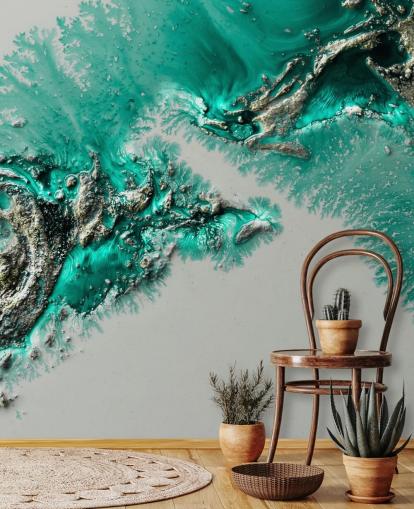 mural de parede azul-petróleo, dourado e cinza chamado Admiral Connect de Petra Meikle de Vlas para quartos e banheiros