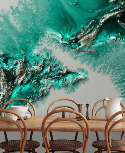 mural de pared verde azulado, dorado y gris llamado Admiral Connect de Petra Meikle de Vlas para dormitorios y baños